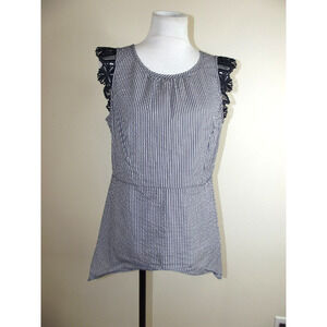 Cabi Womens Seersucker SHIRT - Medium Crochet Sleeves Blue White Striped Peplum